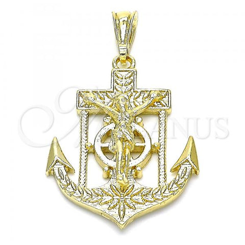 Oro Laminado Religious Pendant, Gold Filled Style Jesus and Anchor Design, Polished, Golden Finish, 05.351.0188.1
