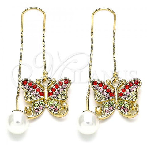 Oro Laminado Threader Earring, Gold Filled Style Butterfly Design, with Multicolor Crystal, Polished, Golden Finish, 02.380.0070.1