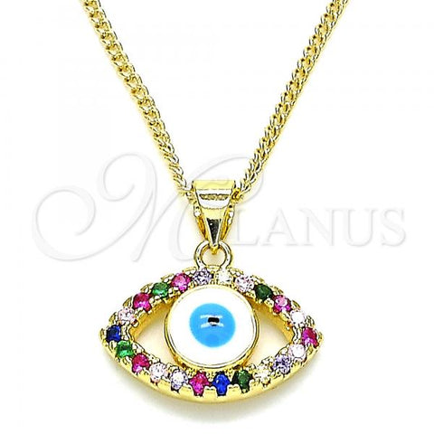 Oro Laminado Pendant Necklace, Gold Filled Style Evil Eye Design, with Multicolor Micro Pave, White Enamel Finish, Golden Finish, 04.156.0425.1.20