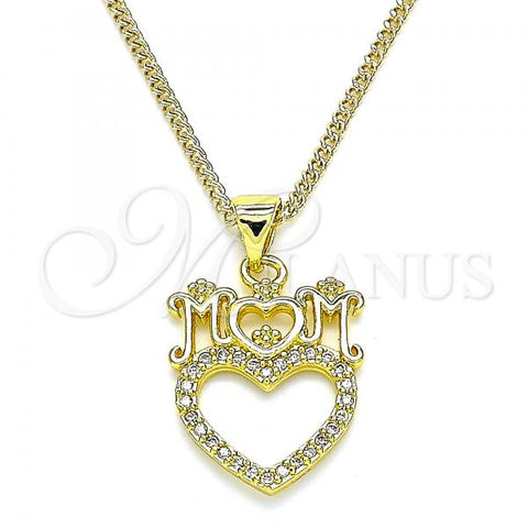 Oro Laminado Pendant Necklace, Gold Filled Style Heart and Mom Design, with White Micro Pave, Polished, Golden Finish, 04.313.0036.20