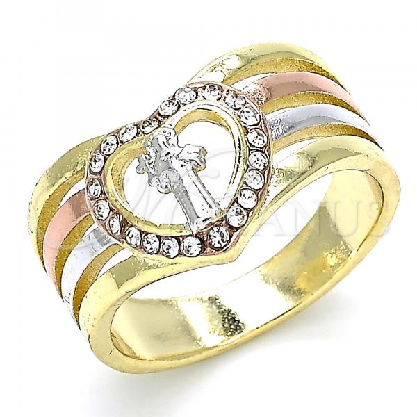 Oro Laminado Multi Stone Ring, Gold Filled Style San Benito and Heart Design, with White Crystal, Polished, Tricolor, 01.253.0028.09 (Size 9)