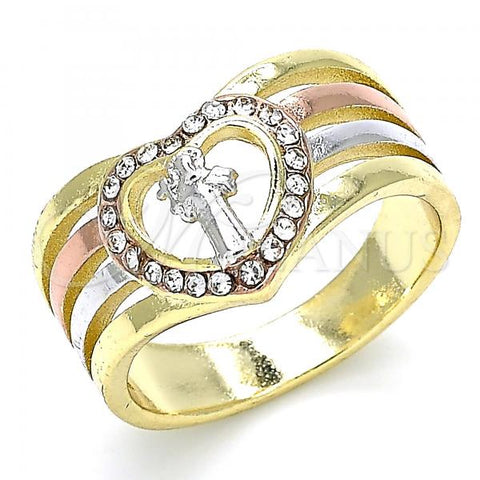 Oro Laminado Multi Stone Ring, Gold Filled Style San Benito and Heart Design, with White Crystal, Polished, Tricolor, 01.253.0028.09 (Size 9)