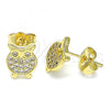 Oro Laminado Stud Earring, Gold Filled Style Owl Design, with White Micro Pave, Polished, Golden Finish, 02.156.0549