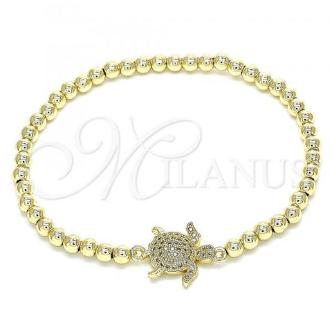 Oro Laminado Fancy Bracelet, Gold Filled Style Expandable Bead and Turtle Design, with White Micro Pave, Polished, Golden Finish, 03.299.0040.07