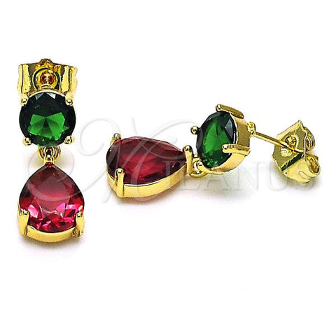 Oro Laminado Dangle Earring, Gold Filled Style Teardrop Design, with Ruby and Green Cubic Zirconia, Polished, Golden Finish, 02.283.0084
