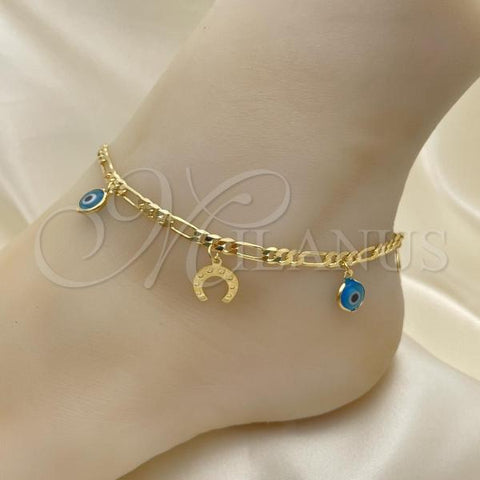 Oro Laminado Charm Anklet , Gold Filled Style Evil Eye and Figaro Design, Polished, Golden Finish, 03.32.0601.10