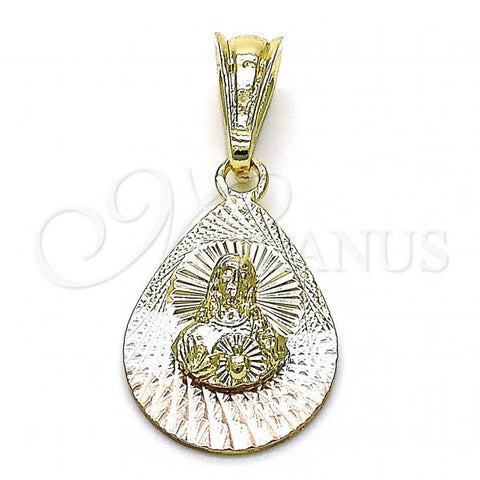 Oro Laminado Religious Pendant, Gold Filled Style Sagrado Corazon de Jesus and Teardrop Design, Diamond Cutting Finish, Tricolor, 05.351.0218