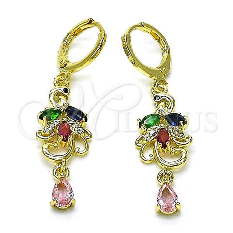 Oro Laminado Long Earring, Gold Filled Style Peacock Design, with Multicolor Cubic Zirconia, Polished, Golden Finish, 02.196.0101