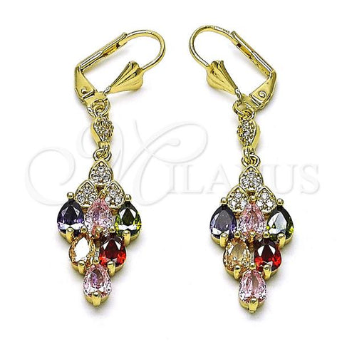 Oro Laminado Long Earring, Gold Filled Style Teardrop Design, with Multicolor Cubic Zirconia and White Micro Pave, Polished, Golden Finish, 02.210.0838.2