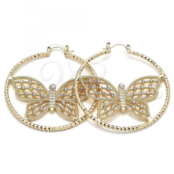Oro Laminado Large Hoop, Gold Filled Style Butterfly Design, with White Crystal, Diamond Cutting Finish, Golden Finish, 02.380.0055.50