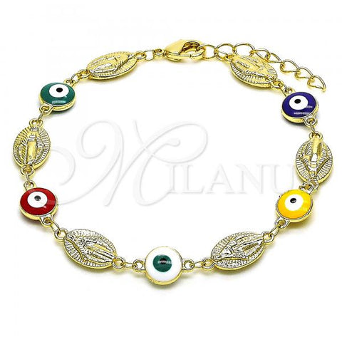 Oro Laminado Fancy Bracelet, Gold Filled Style Virgen Maria and Evil Eye Design, Multicolor Enamel Finish, Golden Finish, 03.213.0159.1.08