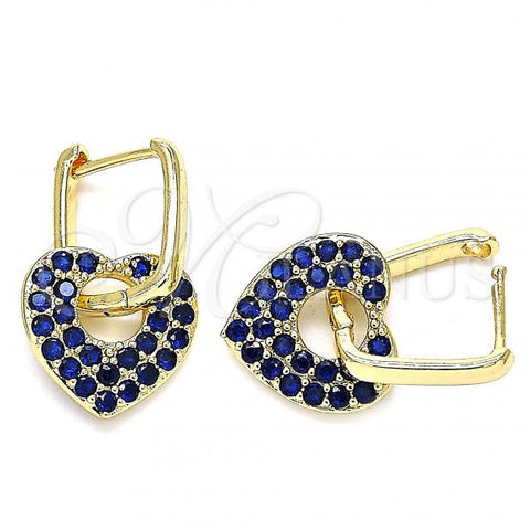 Oro Laminado Huggie Hoop, Gold Filled Style Heart and Paperclip Design, with Sapphire Blue Cubic Zirconia, Polished, Golden Finish, 02.210.0469.2.12