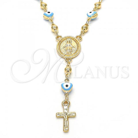 Oro Laminado Medium Rosary, Gold Filled Style Virgen Maria and Crucifix Design, Light Blue Enamel Finish, Golden Finish, 09.213.0015.18
