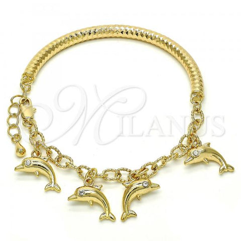Oro Laminado Charm Bracelet, Gold Filled Style Dolphin and Hollow Design, with White Crystal, Diamond Cutting Finish, Golden Finish, 03.63.1829.08