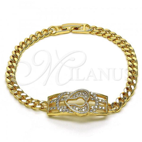 Oro Laminado Fancy Bracelet, Gold Filled Style Lock and Heart Design, with White Micro Pave, Polished, Golden Finish, 03.283.0220.08