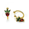 Oro Laminado Earcuff Earring, Gold Filled Style Strawberry Design, with Garnet and Green Cubic Zirconia, Polished, Golden Finish, 02.213.0381