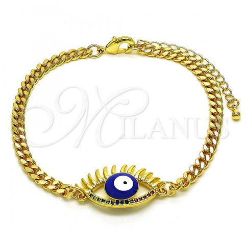 Oro Laminado Fancy Bracelet, Gold Filled Style Evil Eye Design, with Multicolor Micro Pave, Blue Enamel Finish, Golden Finish, 03.341.0175.1.08