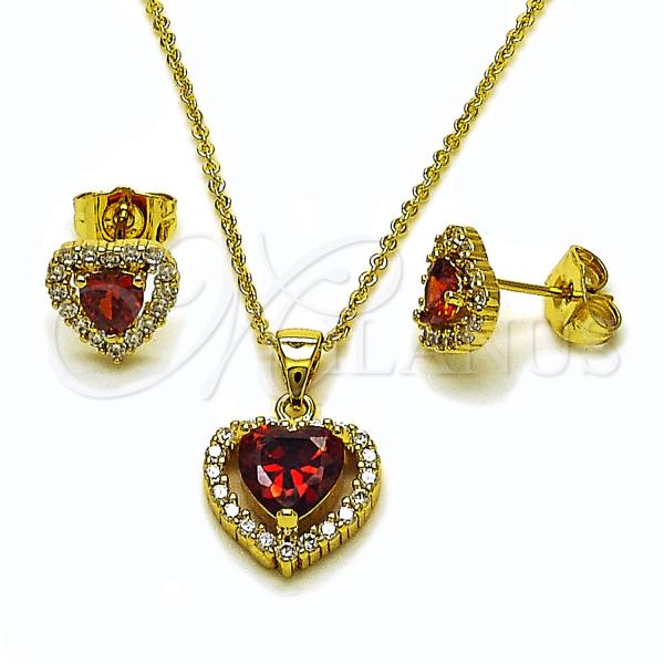 Oro Laminado Earring and Pendant Adult Set, Gold Filled Style Heart and Cluster Design, with Garnet and White Cubic Zirconia, Polished, Golden Finish, 10.156.0539.1