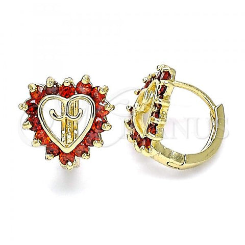 Oro Laminado Huggie Hoop, Gold Filled Style Heart Design, with Garnet Cubic Zirconia, Polished, Golden Finish, 02.210.0658.12