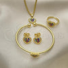 Oro Laminado Earring and Pendant Children Set, Gold Filled Style Heart Design, with Multicolor Micro Pave, Polished, Golden Finish, 06.210.0022.1