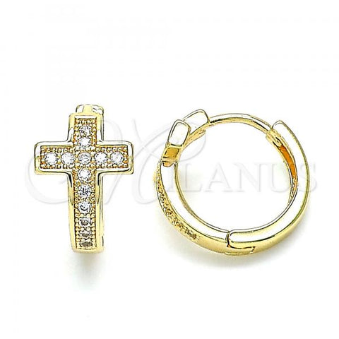 Oro Laminado Huggie Hoop, Gold Filled Style Cross Design, with White Micro Pave, Polished, Golden Finish, 02.195.0145.15