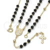 Oro Laminado Thin Rosary, Gold Filled Style Caridad del Cobre and Crucifix Design, with Black Azavache, Polished, Golden Finish, 09.09.0001.18