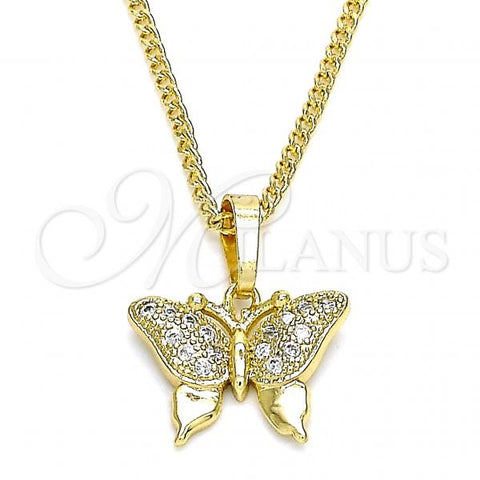 Oro Laminado Pendant Necklace, Gold Filled Style Butterfly Design, with White Micro Pave, Polished, Golden Finish, 04.316.0003.20
