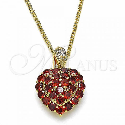 Oro Laminado Pendant Necklace, Gold Filled Style Heart Design, with Garnet and White Cubic Zirconia, Polished, Golden Finish, 04.346.0014.1.20