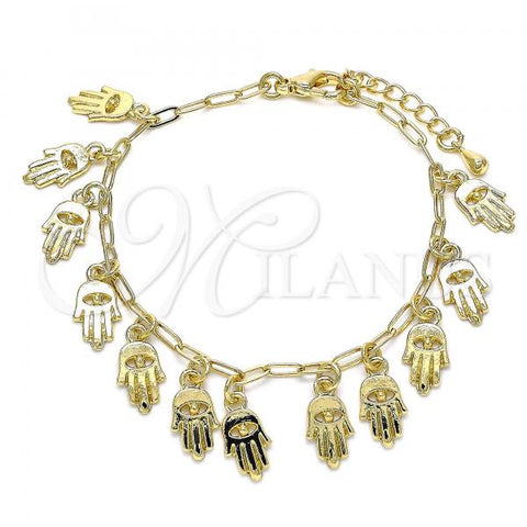 Oro Laminado Charm Bracelet, Gold Filled Style Hand of God and Paperclip Design, Polished, Golden Finish, 03.372.0024.08
