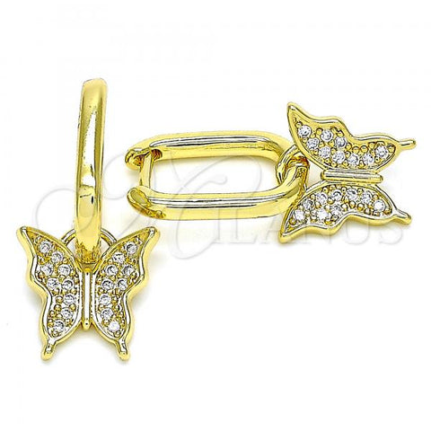 Oro Laminado Dangle Earring, Gold Filled Style Butterfly Design, with White Micro Pave, Polished, Golden Finish, 02.341.0041