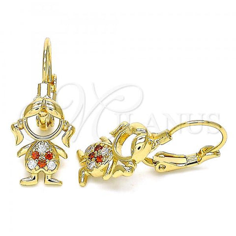 Oro Laminado Leverback Earring, Gold Filled Style Little Girl Design, with Garnet and White Micro Pave, Polished, Golden Finish, 02.210.0377.1