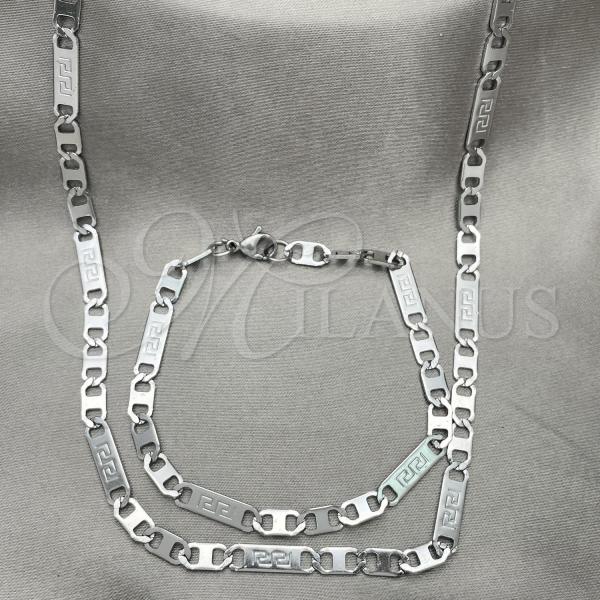 Stainless Steel Necklace and Bracelet, Greek Key Design, Diamond Cutting Finish, Steel Finish, 04.113.0046.24