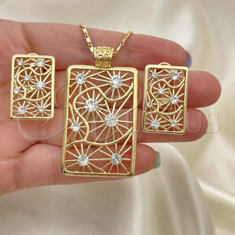 Oro Laminado Earring and Pendant Adult Set, Gold Filled Style with White Crystal, Polished, Golden Finish, 10.306.0008