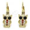 Oro Laminado Leverback Earring, Gold Filled Style Owl Design, with Garnet and White Micro Pave, Polished, Golden Finish, 02.210.0380.1