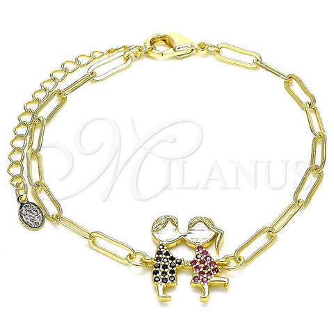 Oro Laminado Fancy Bracelet, Gold Filled Style Little Boy and Little Girl Design, with Black and Ruby Micro Pave, Polished, Golden Finish, 03.313.0024.07