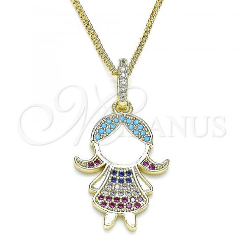 Oro Laminado Pendant Necklace, Gold Filled Style Little Girl Design, with Multicolor Micro Pave, White Enamel Finish, Golden Finish, 04.207.0014.20