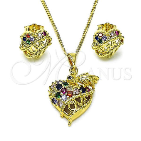 Oro Laminado Earring and Pendant Adult Set, Gold Filled Style Heart and Bird Design, with Multicolor Cubic Zirconia, Polished, Golden Finish, 10.284.0032