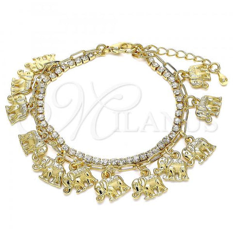 Oro Laminado Charm Bracelet, Gold Filled Style Elephant and Paperclip Design, with White Crystal, Polished, Golden Finish, 03.372.0008.08