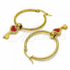 Stainless Steel Medium Hoop, key and Heart Design, Red Enamel Finish, Golden Finish, 02.364.0002.30