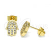 Oro Laminado Stud Earring, Gold Filled Style Hand of God Design, with White Micro Pave, Polished, Golden Finish, 02.344.0111
