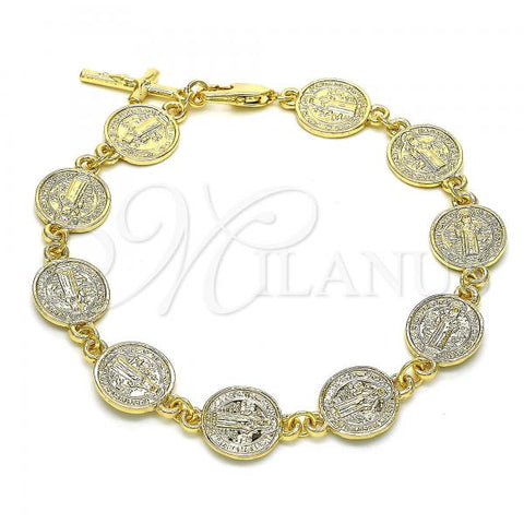 Oro Laminado Charm Bracelet, Gold Filled Style San Benito and Crucifix Design, Polished, Golden Finish, 03.351.0032.08