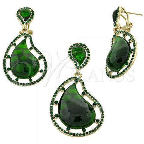 Oro Laminado Earring and Pendant Adult Set, Gold Filled Style Teardrop Design, with Green Opal and Green Crystal, Polished, Golden Finish, 10.91.0216.1