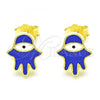 Sterling Silver Stud Earring, Hand of God Design, Blue Enamel Finish, Golden Finish, 02.336.0161.2