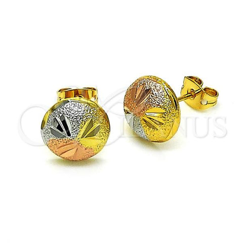Oro Laminado Stud Earring, Gold Filled Style Flower Design, Diamond Cutting Finish, Tricolor, 02.342.0283