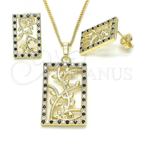 Oro Laminado Earring and Pendant Adult Set, Gold Filled Style Leaf Design, with Black and White Cubic Zirconia, Polished, Golden Finish, 10.233.0039.2