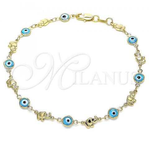 Oro Laminado Fancy Anklet, Gold Filled Style Evil Eye and Elephant Design, Turquoise Resin Finish, Golden Finish, 03.326.0010.3.10