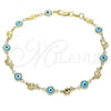 Oro Laminado Fancy Anklet, Gold Filled Style Evil Eye and Elephant Design, Turquoise Resin Finish, Golden Finish, 03.326.0010.3.10