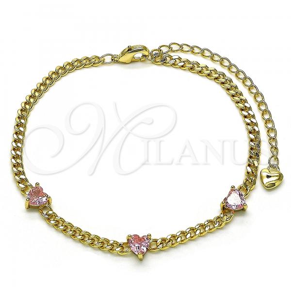 Oro Laminado Fancy Bracelet, Gold Filled Style Heart and Miami Cuban Design, with Pink Cubic Zirconia, Polished, Golden Finish, 03.213.0184.4.07