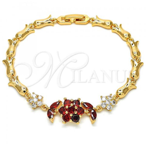 Oro Laminado Fancy Bracelet, Gold Filled Style Flower and Leaf Design, with Garnet and White Cubic Zirconia, Polished, Golden Finish, 03.210.0094.08