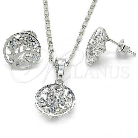 Rhodium Plated Earring and Pendant Adult Set, Tree Design, with White Cubic Zirconia, Polished, Rhodium Finish, 10.106.0014.1